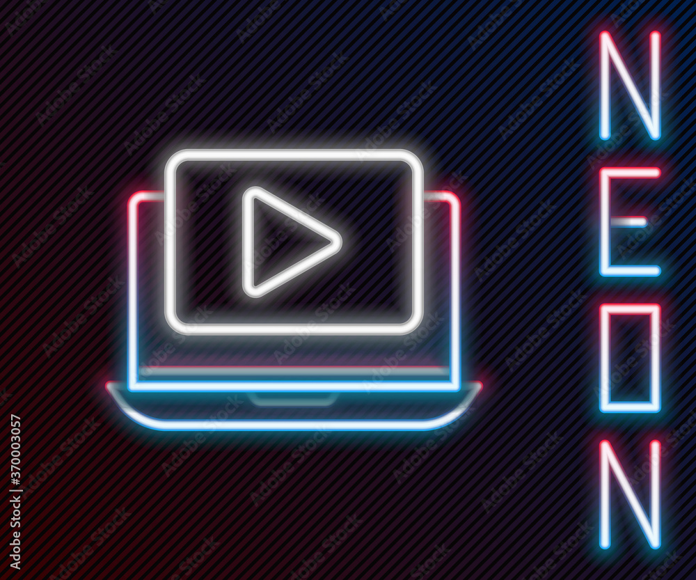 Glowing neon line Online play video icon isolated on black background. Laptop and film strip with pl