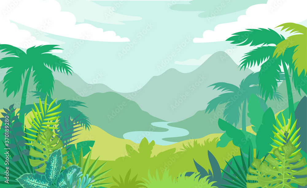 彩色热带森林景观矢量插图
