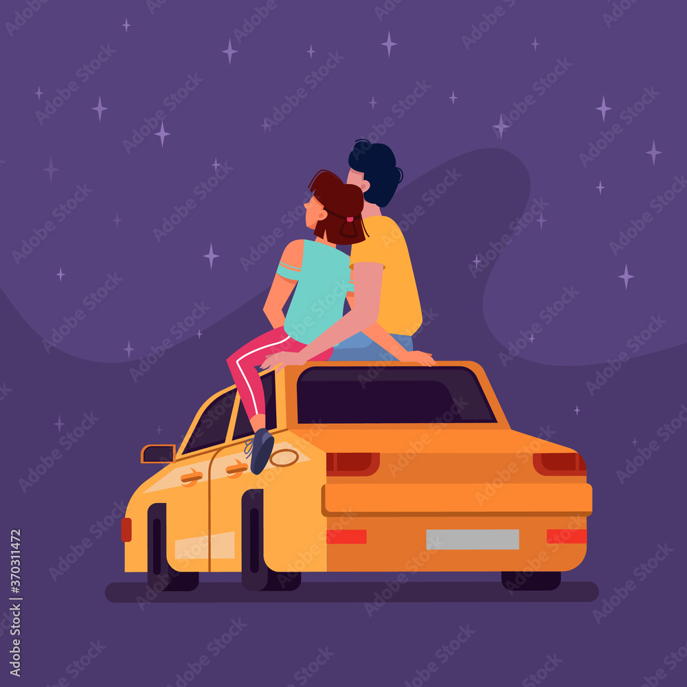 Couple sitting on car roof at night looking at stars in sky, vector flat cartoon background. Young m