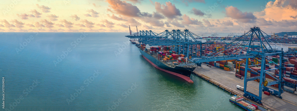 Container ship business freight import export logistic and transportation by container ship, Aerial 