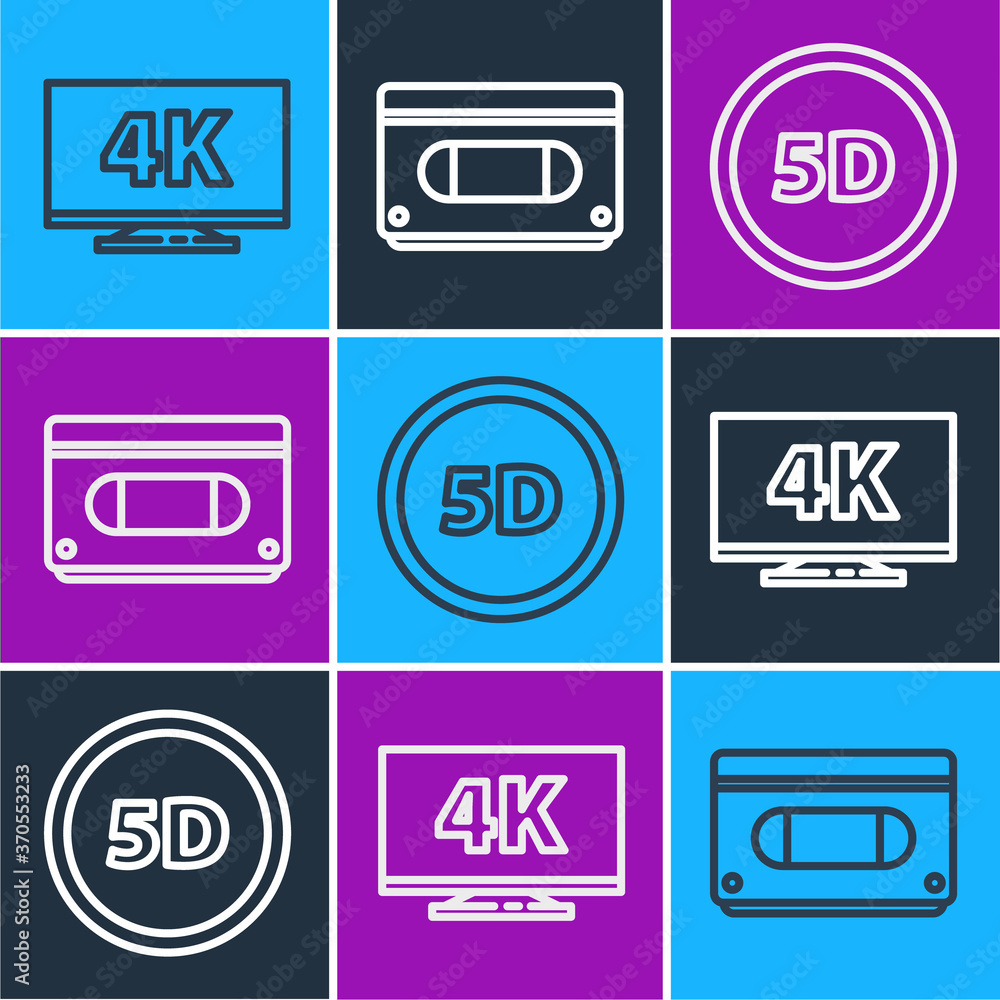 带4k、5d虚拟现实和VHS盒式磁带图标的机顶盒屏幕电视。矢量。