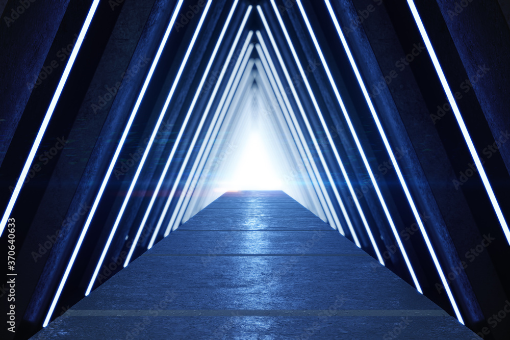 抽象的蓝色内饰，带发光的三角形走廊。