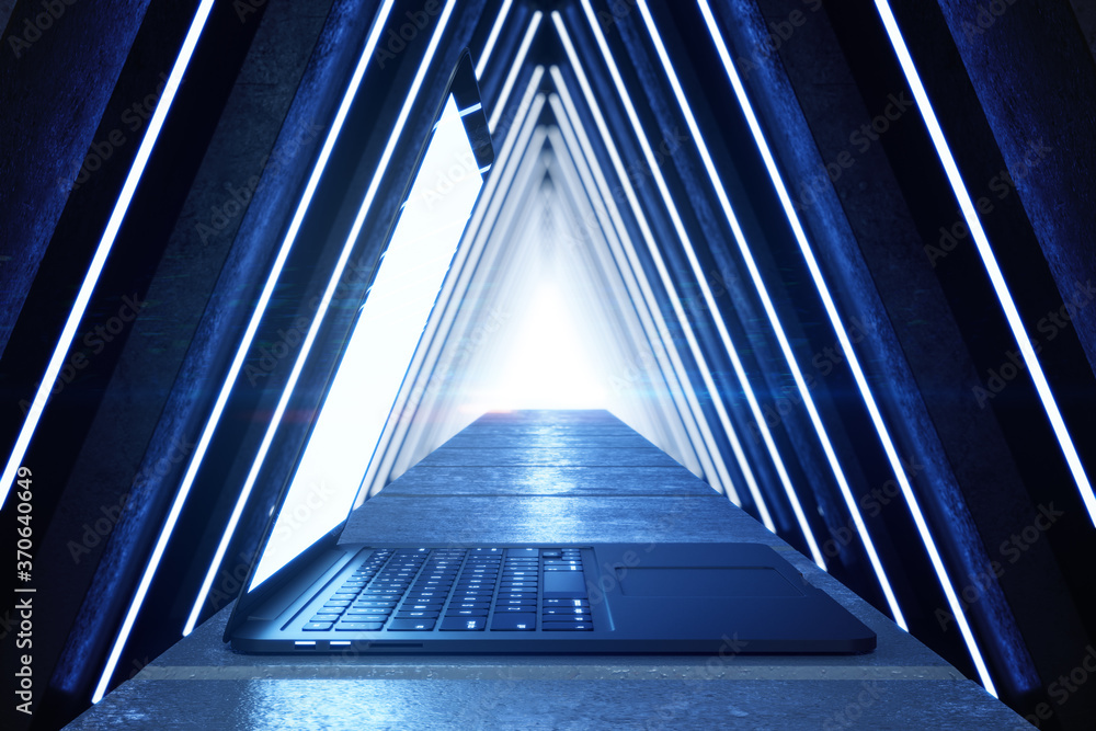 抽象的蓝色内饰，配有开放式笔记本电脑和发光的三角形走廊。I