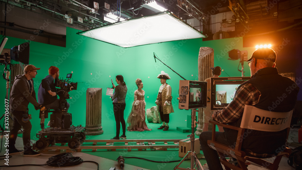 On Big Film Studio Professional Crew Shooting History Costume Drama Movie. On Set: Director Controls