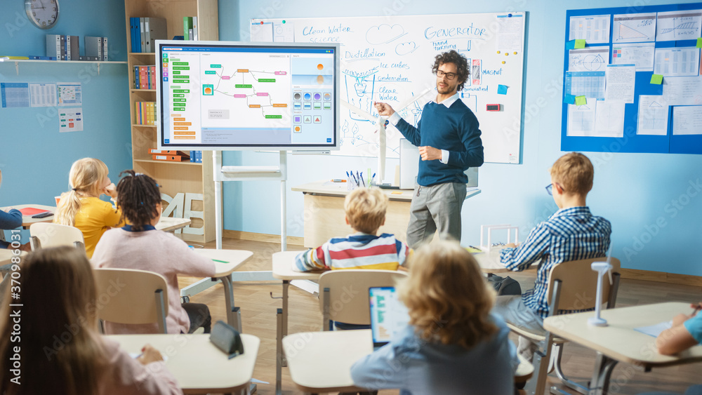 Elementary School Computer Science Teacher Uses Interactive Digital Whiteboard to Show Programming L