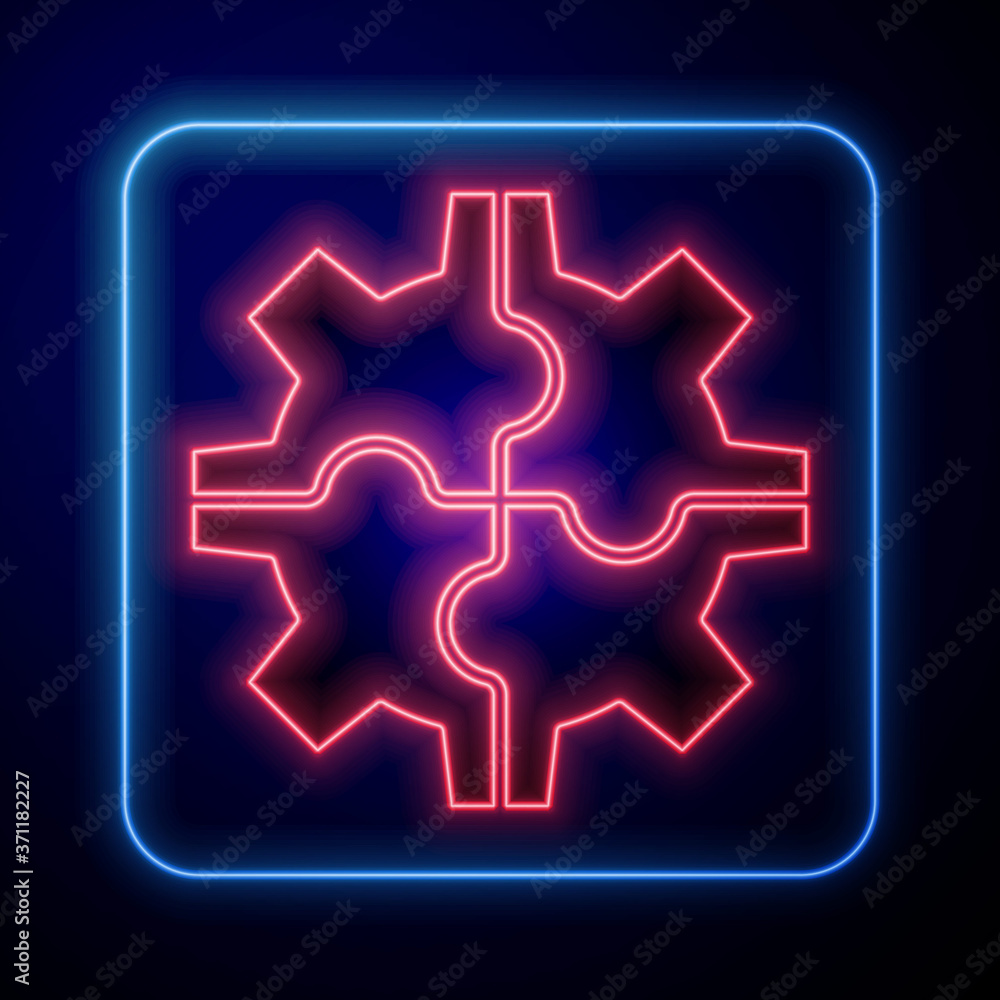 Glowing neon Gear icon isolated on blue background. Cogwheel gear settings sign. Cog symbol. Vector 