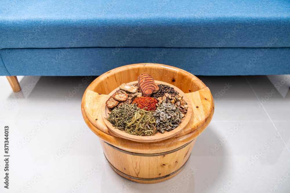 A bucket of foot bath herbal medicine