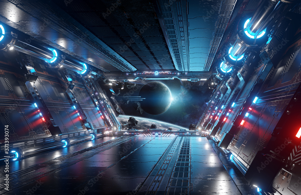 蓝色和红色的未来宇宙飞船内部，行星上的窗户视图3d渲染