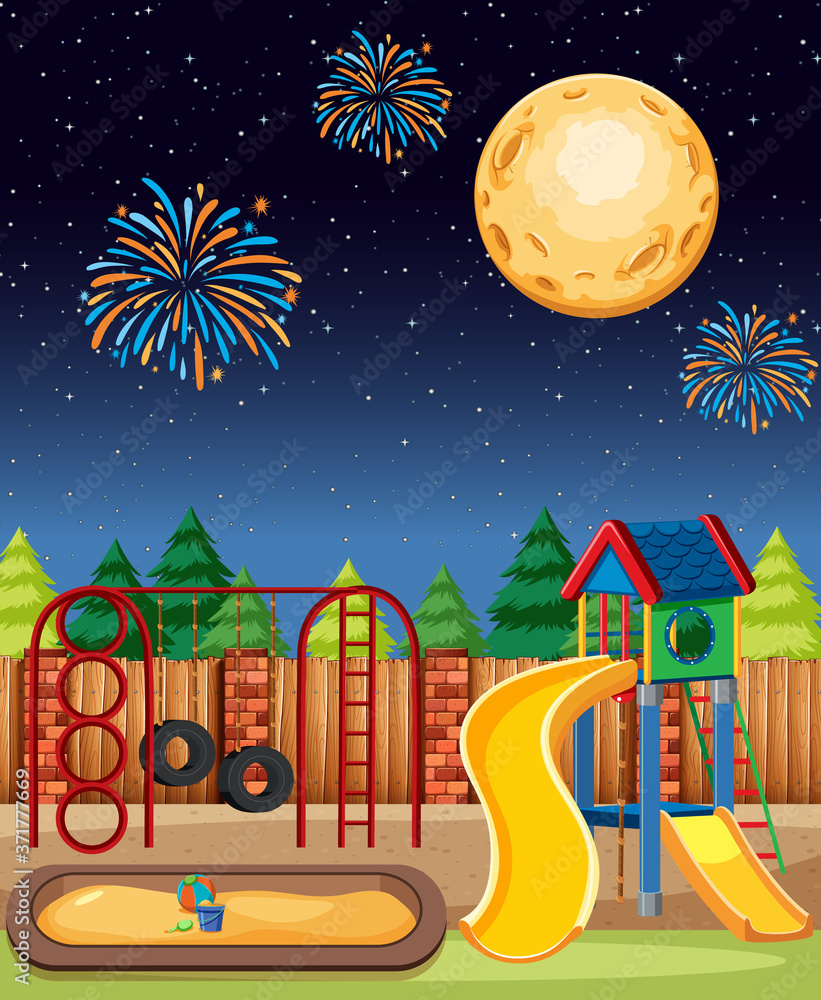 公园里的儿童游乐场，晚上有大月亮和天空中的烟花卡通风格