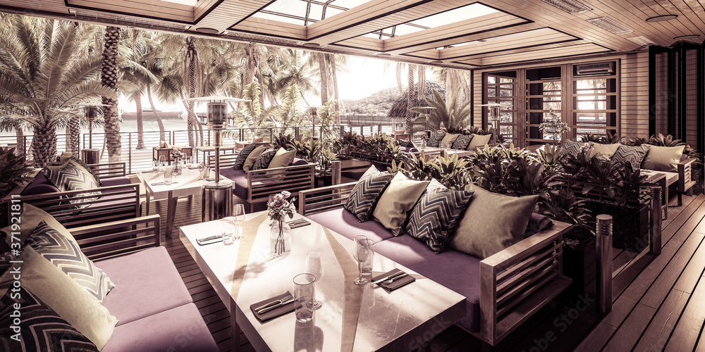亚热带度假区内的露台餐厅区-全景黑白3d建筑景观