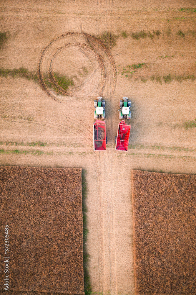 收割期间，两辆红色拖拉机在麦田里等待联合收割机。俯视图