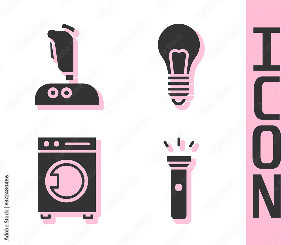 设置手电筒、街机操纵杆、洗衣机和灯泡，带有创意图标的概念。矢量