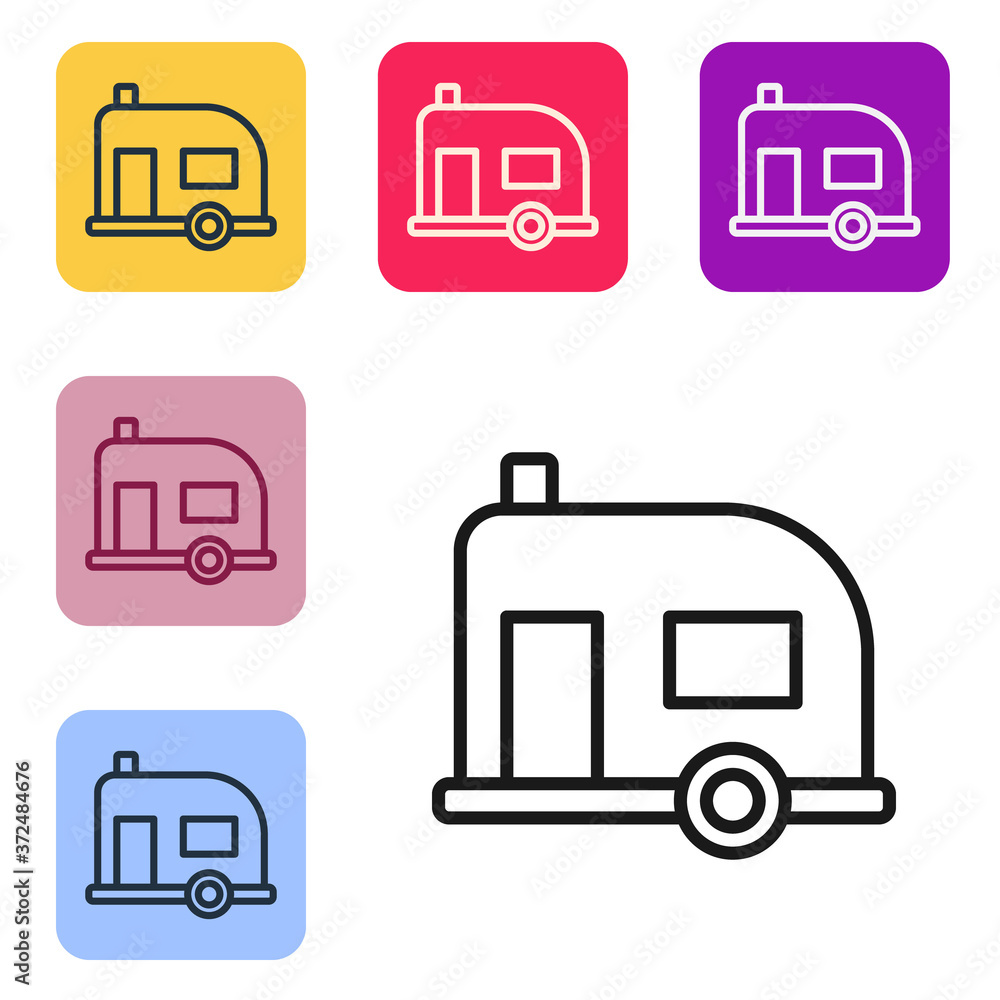 黑色线条Rv露营拖车图标隔离在白色背景上。旅行移动房屋，房车，家庭c