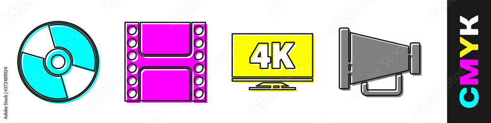 设置CD或DVD光盘，播放视频，屏幕电视与4k和Megaphone图标。矢量。