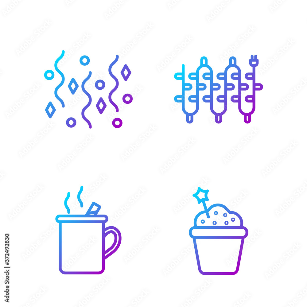Set line Cake, Mulled wine, Festive confetti and Christmas lights. Gradient color icons. Vector.