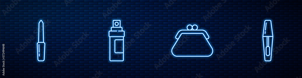 Set line Clutch bag, Nail file, Perfume and Mascara brush. Glowing neon icon on brick wall. Vector.