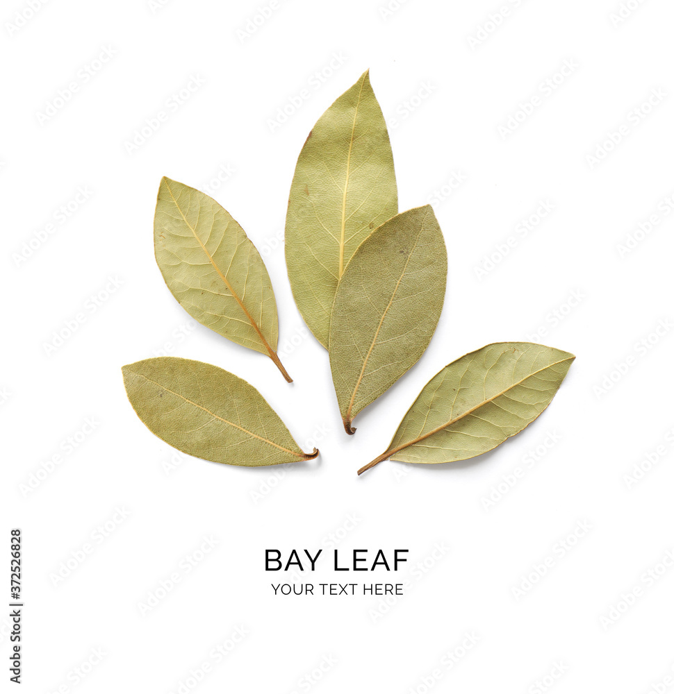 Creative layout made of bay leaves on the white background. Flat lay. Food concept.	