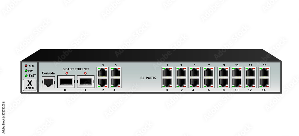 E1 multiplexer switch for Ethernet streams and packets. Has 2 SFP ports, 4 Ethernet ports (RJ45), 16