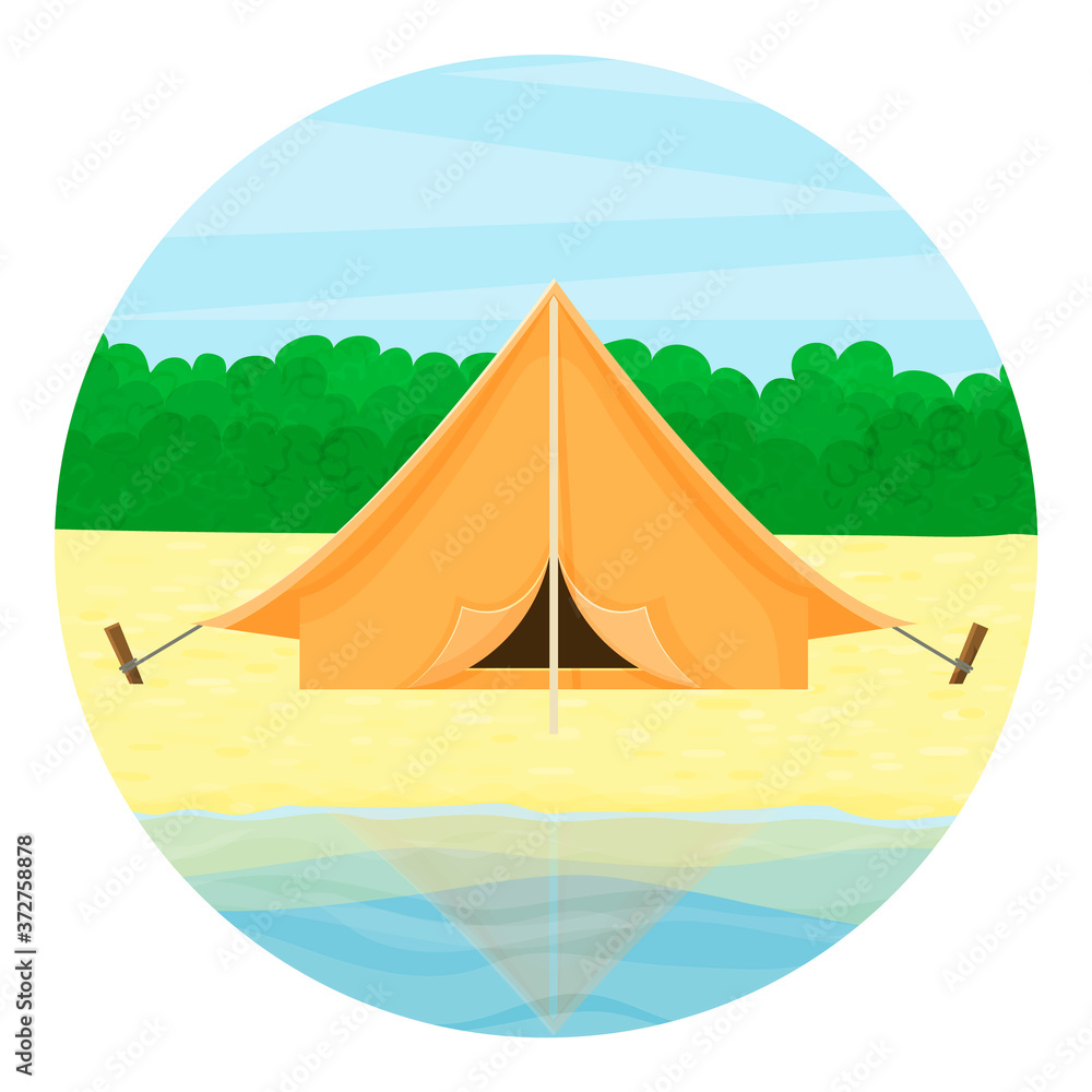 旅游图标。湖上的旅游帐篷，以森林为背景。夏季景观。Carto