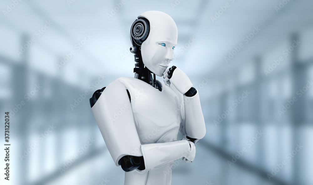 思考人工智能人形机器人在人工智能概念中通过机器分析信息数据