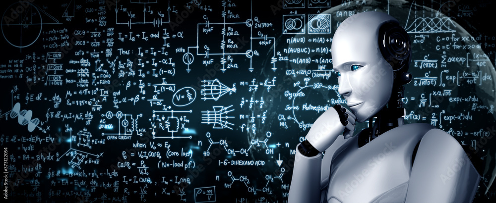 Thinking AI humanoid robot analyzing screen of mathematics formula and science equation by using art