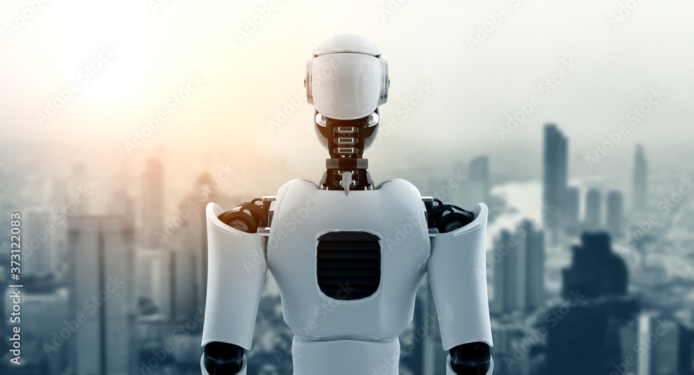 3D illustration robot humanoid looking forward against cityscape skyline . Concept of leadership, id