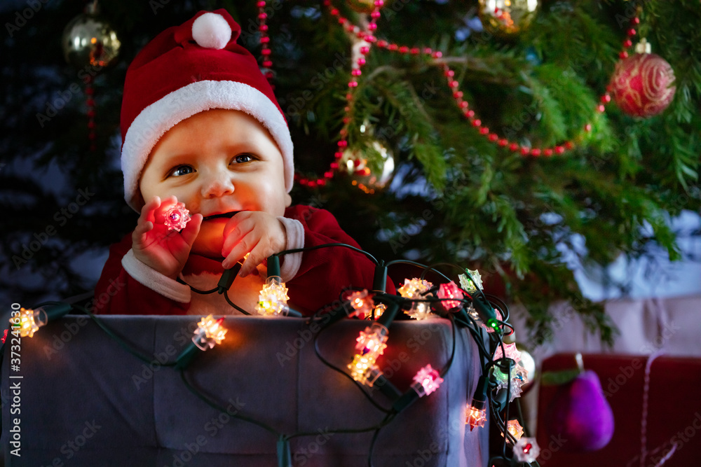 Little cute baby boy in Santa Claus hat holding illuminated lamps sitting in box under Christmas tre