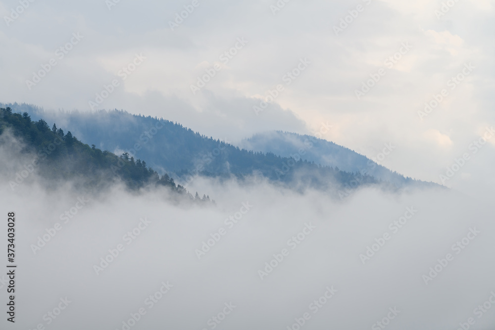 薄雾景观中美丽的雾和云山的壮丽景色。