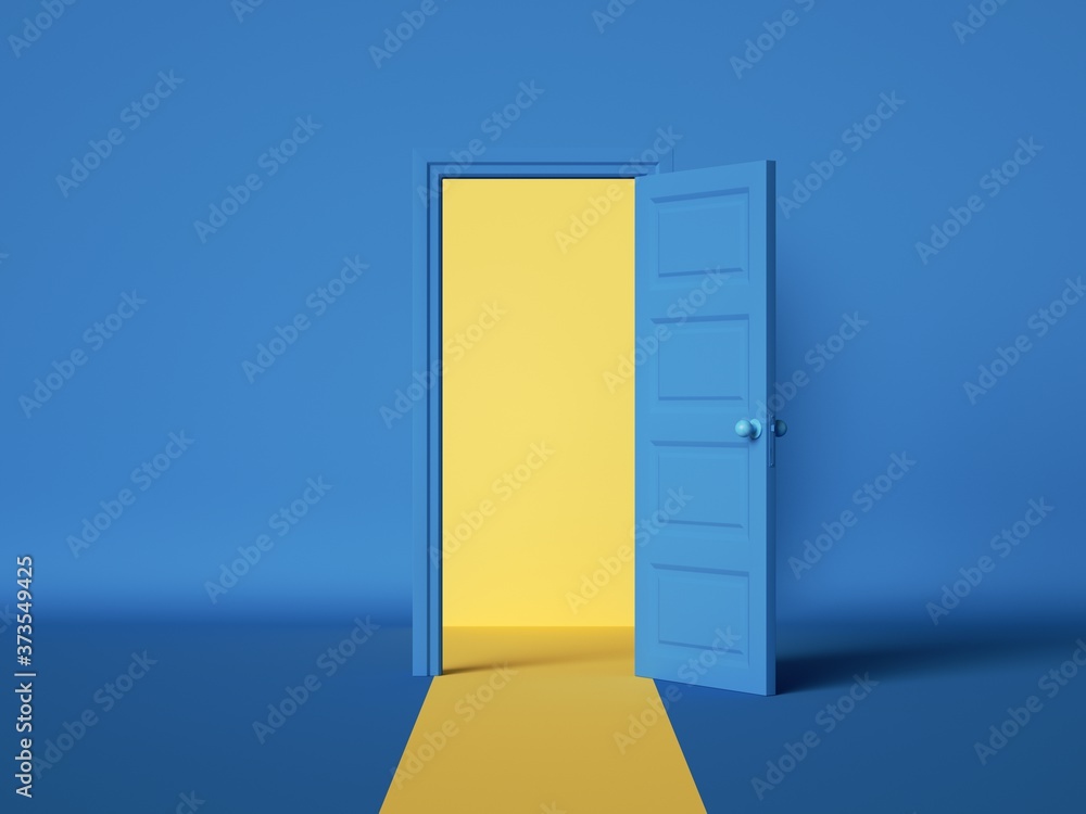 3d渲染图，蓝色背景上隔离的打开的门内的黄色灯光。房间内部设计元素