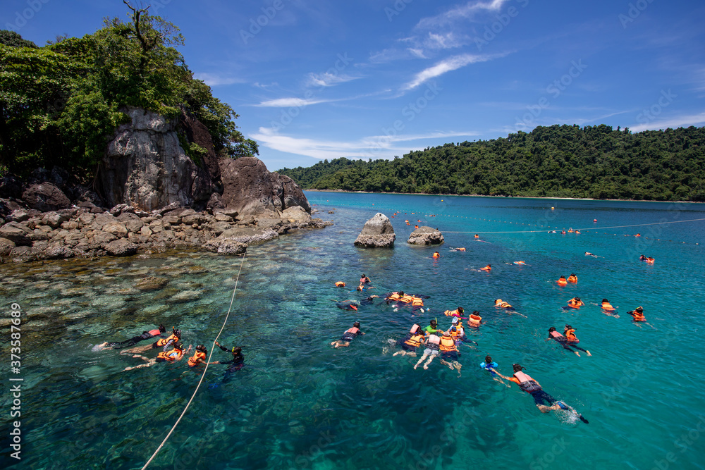 旅游团在热带碧蓝海水的珊瑚礁上穿着救生衣浮潜