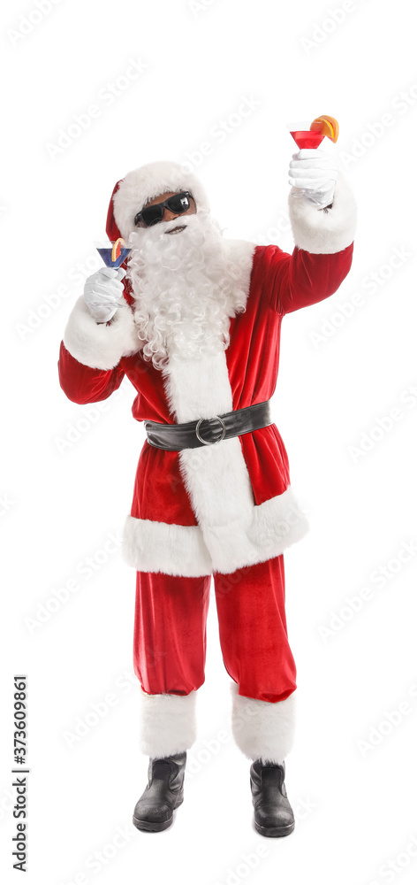 African-American Santa Claus with cocktails on white background