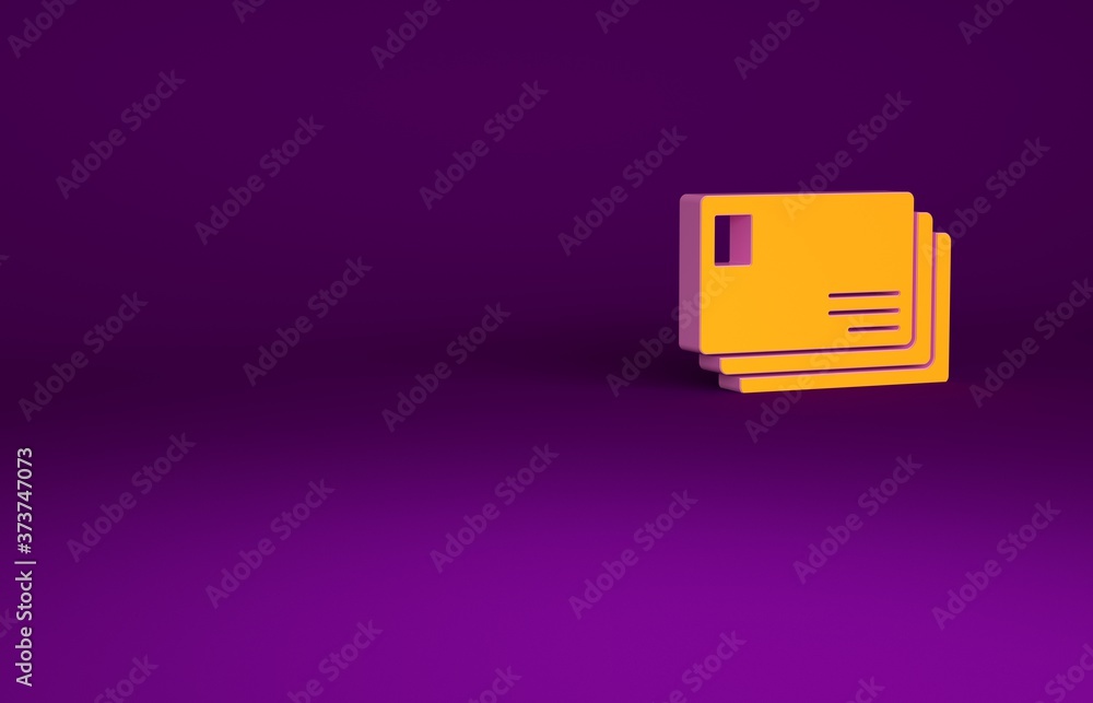橙色信封图标隔离在紫色背景上。电子邮件字母符号。极简主义概念。