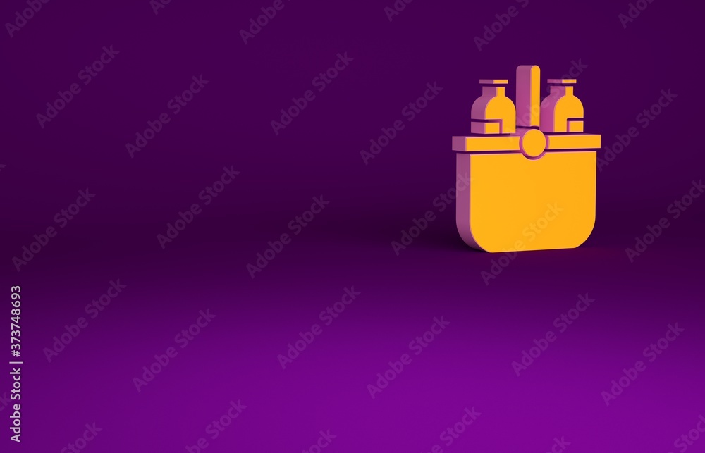 橙色冷藏袋和水图标隔离在紫色背景上。便携式冷冻袋。手持冰箱