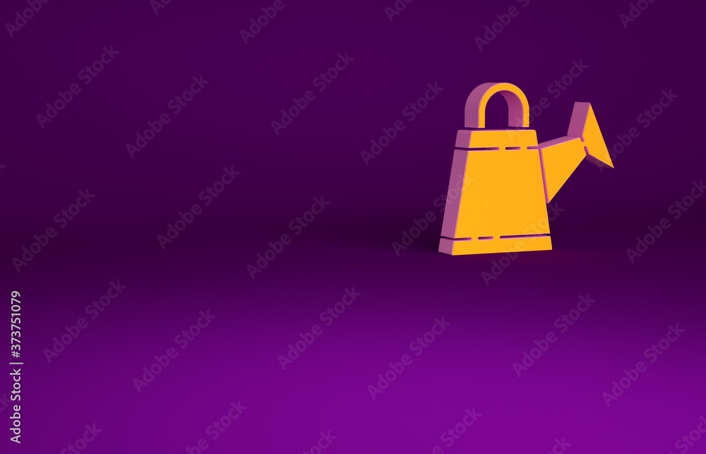 橙色浇水罐图标隔离在紫色背景上。灌溉符号。极简主义概念。3d il
