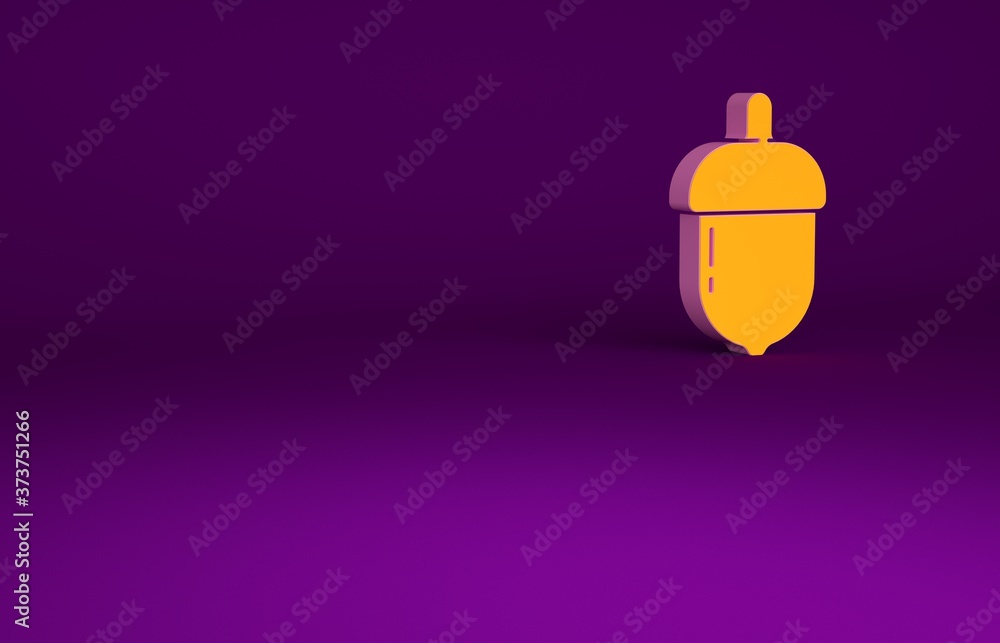 橙色橡子图标隔离在紫色背景上。极简主义概念。3d插图3d渲染。