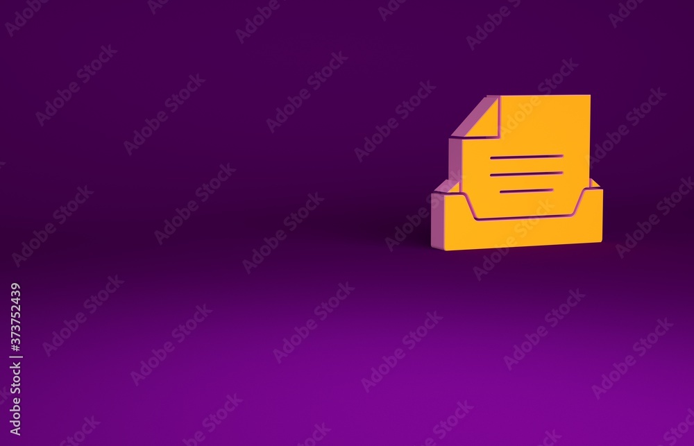Orange Drawer with document icon isolated on purple background. Archive papers drawer. File Cabinet 
