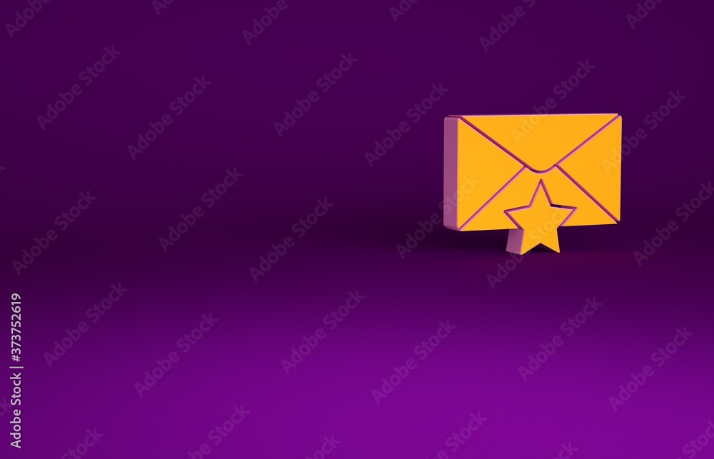 橙色信封，紫色背景上隔离有星形图标。重要电子邮件，添加到收藏夹图标