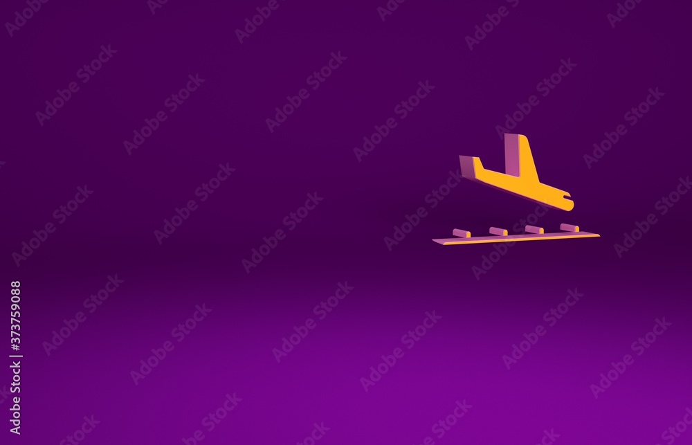 橙色飞机着陆图标隔离在紫色背景上。飞机运输符号。极简主义色彩