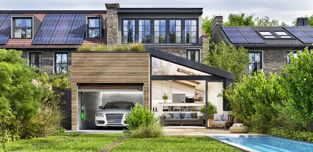 带屋顶太阳能电池板和电动汽车的现代住宅