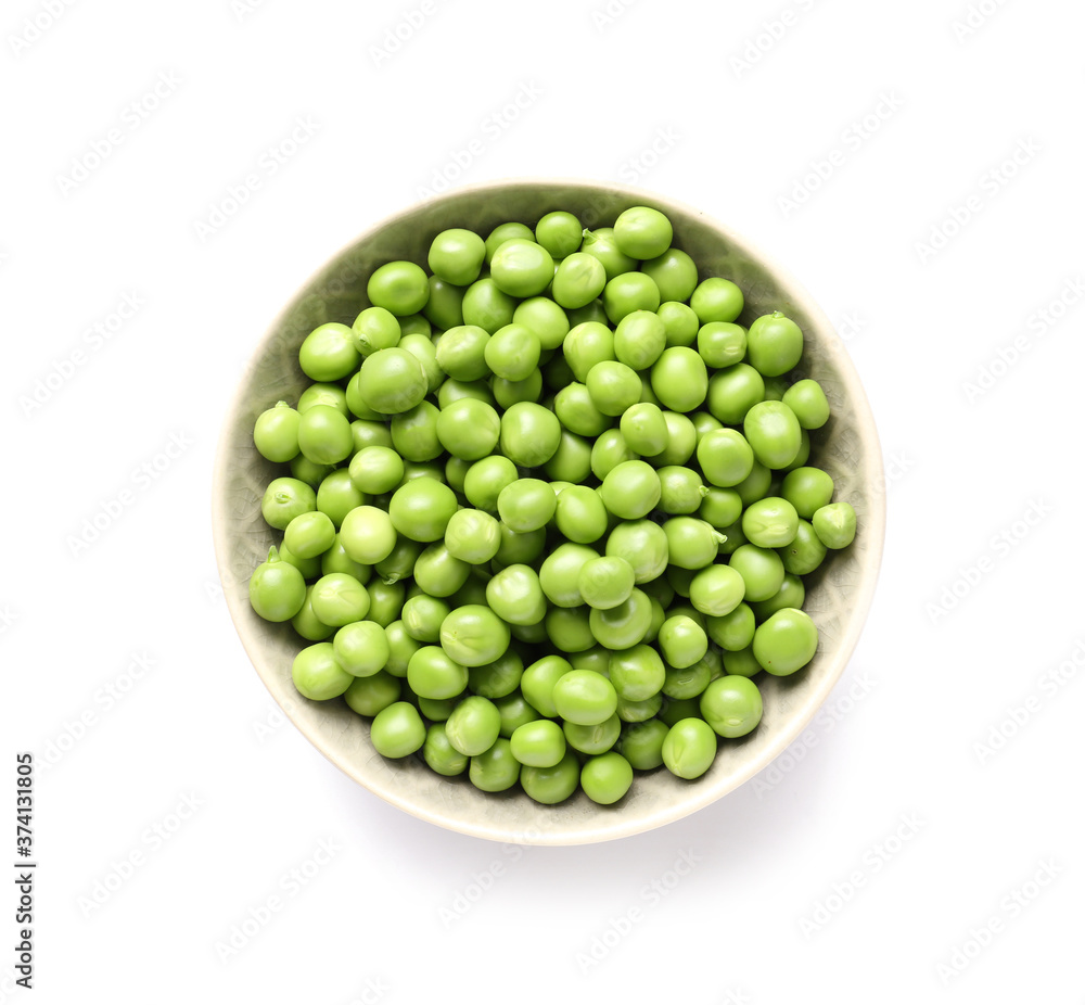 Plate with tasty fresh peas on white background