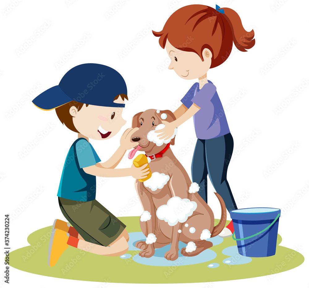 两个孩子用狗身上的泡沫给狗洗澡卡通隔离