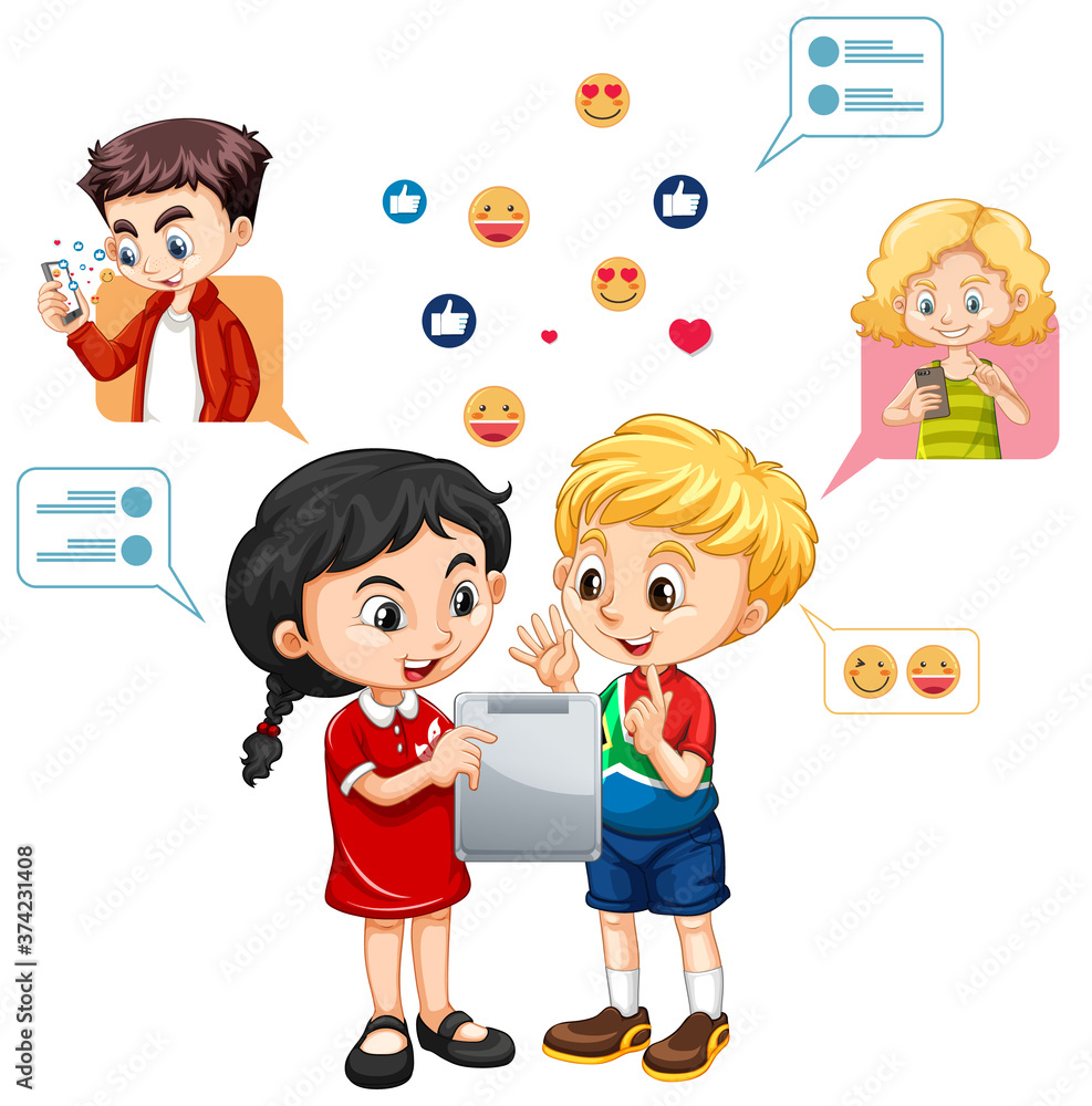 两个孩子在平板电脑上学习，社交媒体表情符号图标卡通风格隔离在白色背景上