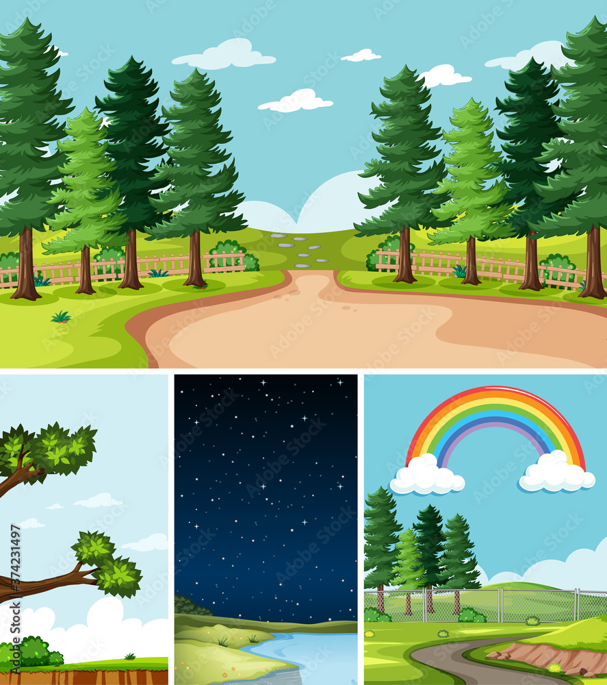 四个不同场景的自然设置卡通风格