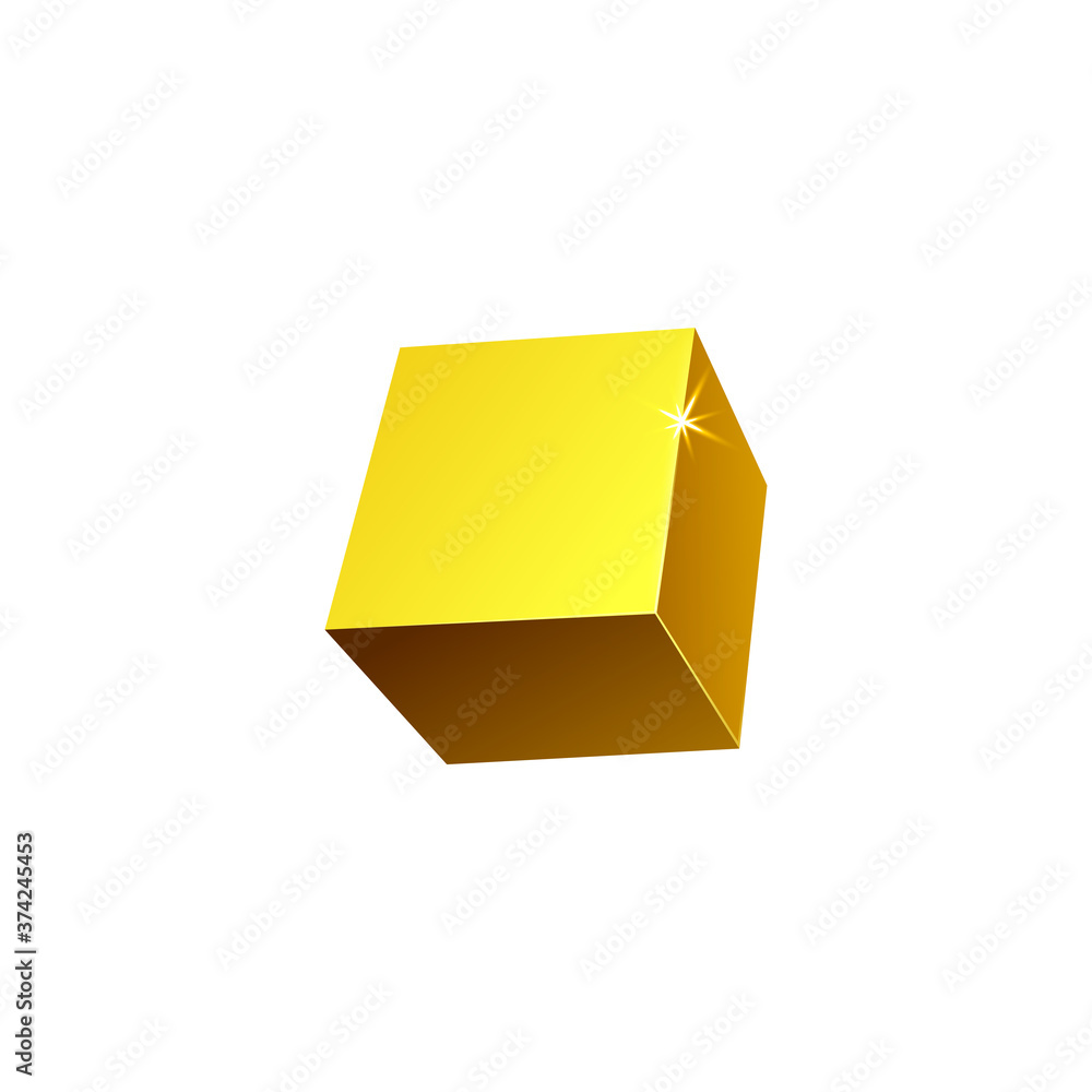 金色金属光泽立方体或金色三维块逼真矢量插图隔离。