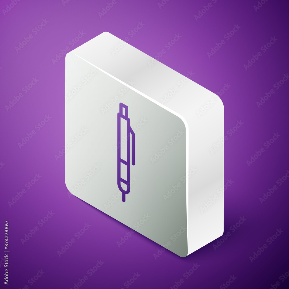 等距线笔图标隔离在紫色背景上。银色方形按钮。矢量插图。