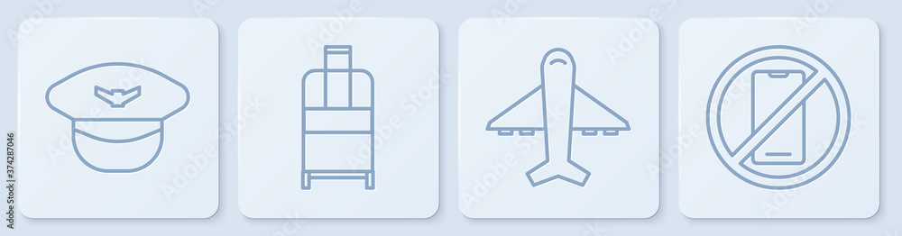 设置线路飞行员帽、飞机、手提箱和无手机。白色方形按钮。矢量。