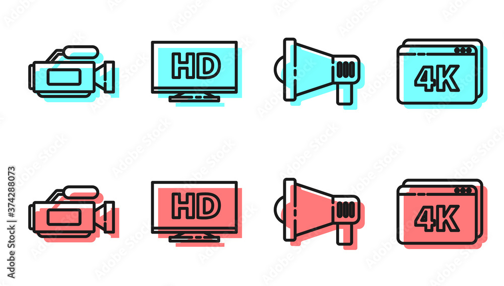 设线扩音器、影院摄像机、高清视频智能显示屏和4k图标在线播放视频。V