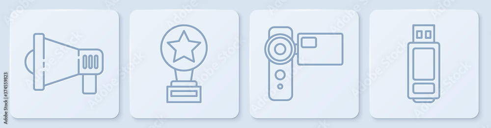 设置线扩音器、电影摄像机、电影奖杯和U盘。白色方形按钮。矢量。