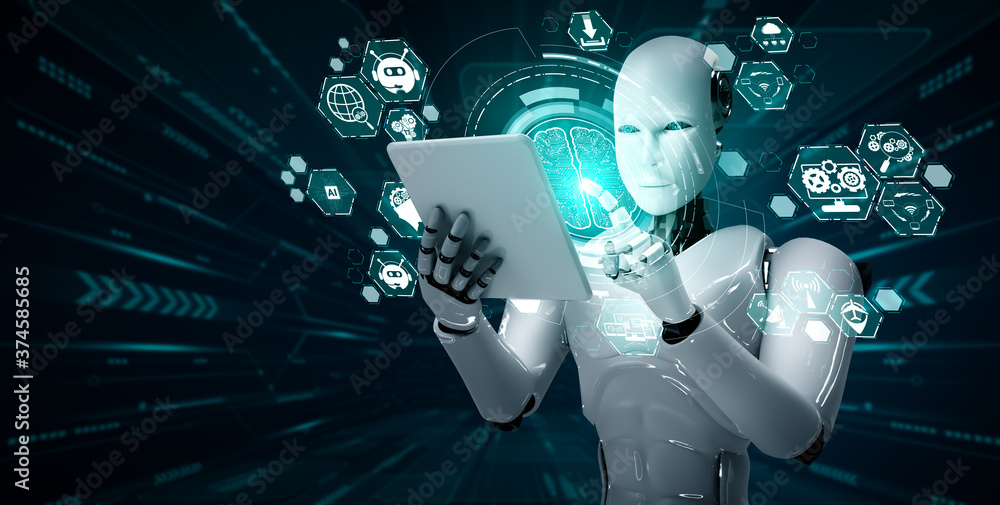 人工智能思维大脑、人工智能和m概念中使用平板电脑的人形机器人