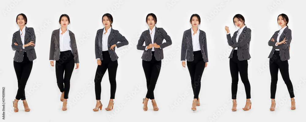 同一位亚洲女性的不同姿势——穿着正式商务服，全身肖像设置在白色背景上